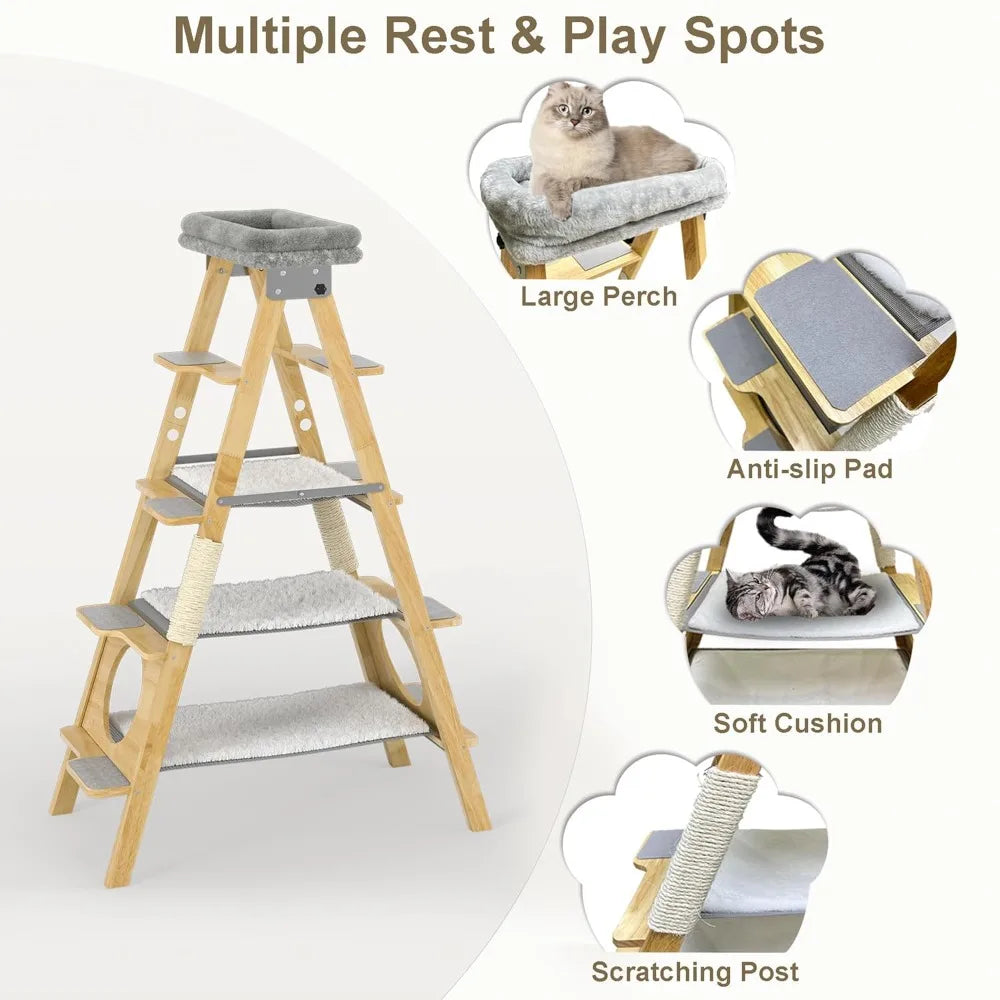 Wooden Cat Tree With Foldable Design Hammock And Sisal Scratch Post