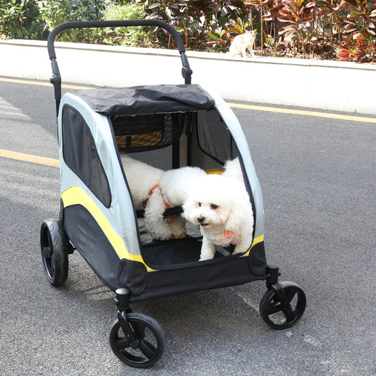Two-Dog Pet Stroller With Zipper Divider And Folding Wheels