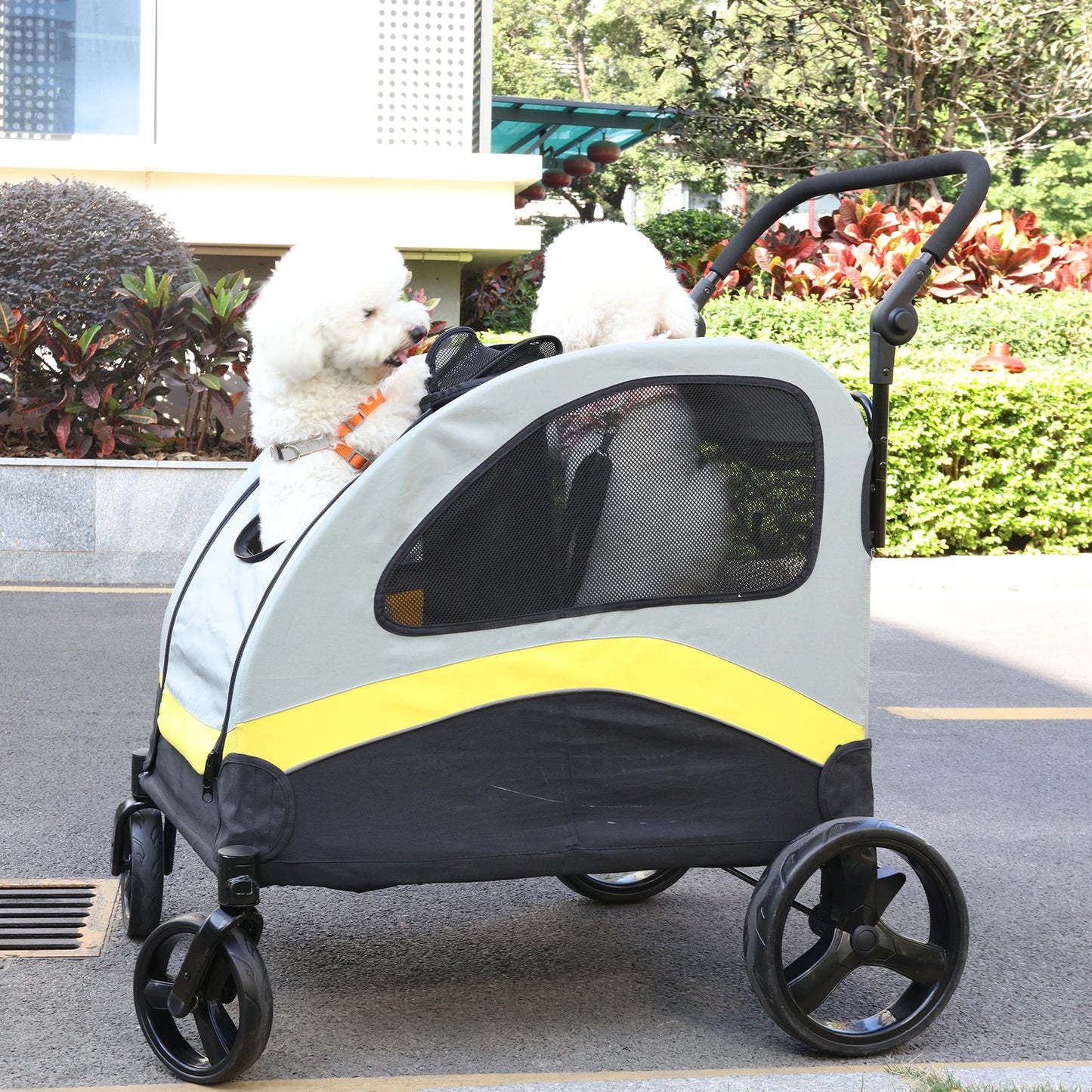 Two-Dog Pet Stroller With Zipper Divider And Folding Wheels