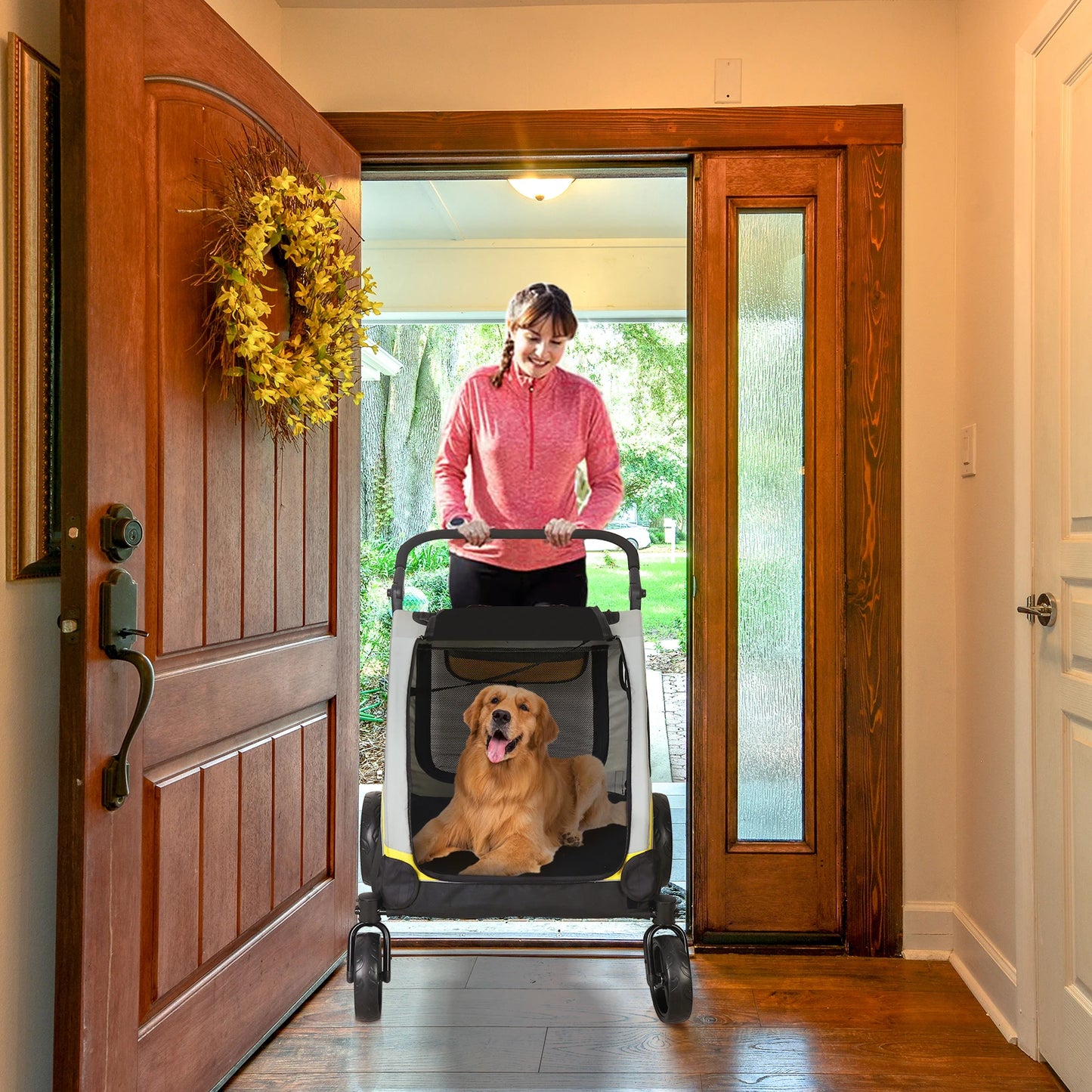 Two-Dog Pet Stroller With Zipper Divider And Folding Wheels