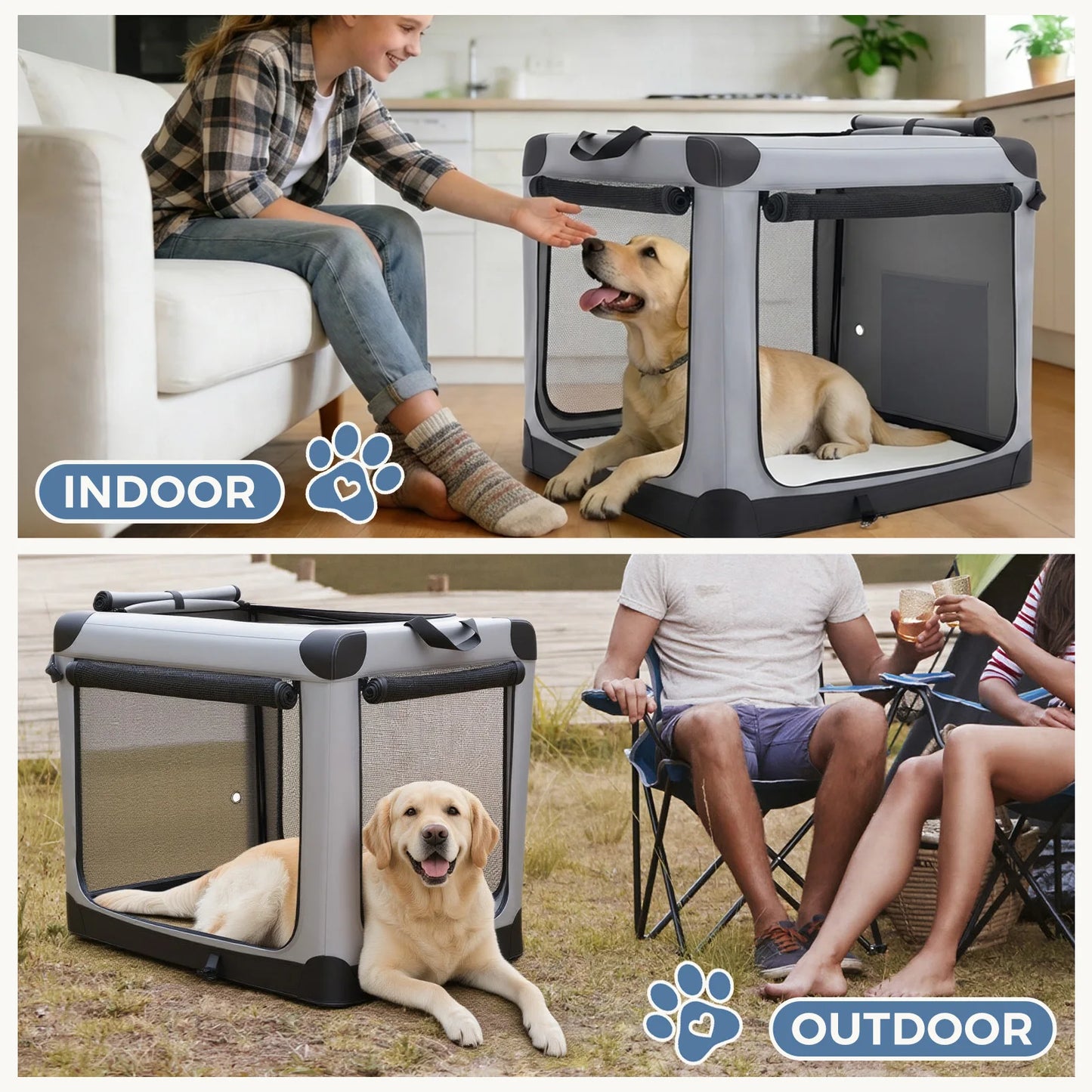 JHK Foldable Soft Dog Crate With 3 Doors Indoor Use