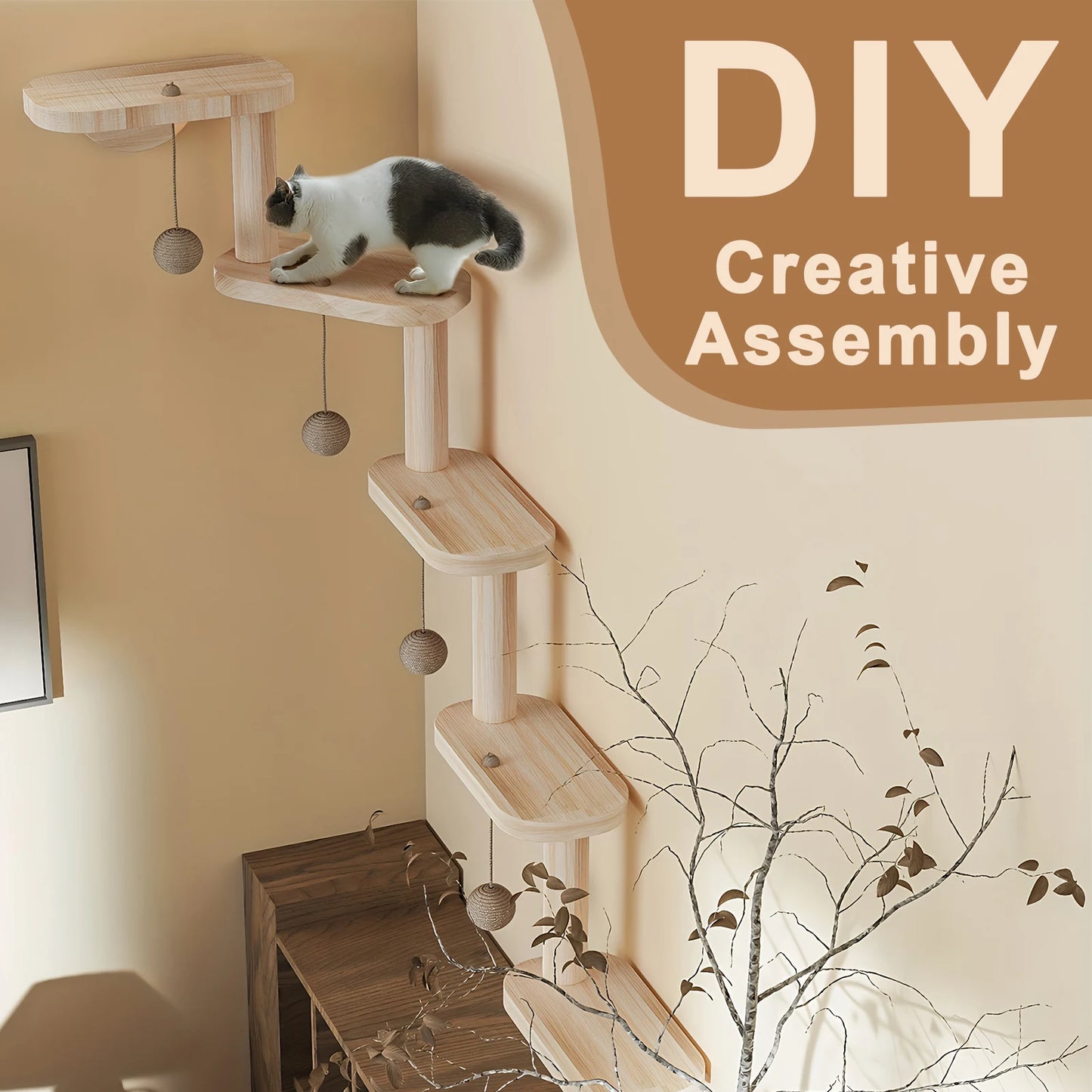 Wall Mounted Wooden Cat Climbing Frame With Five Tier Shelves
