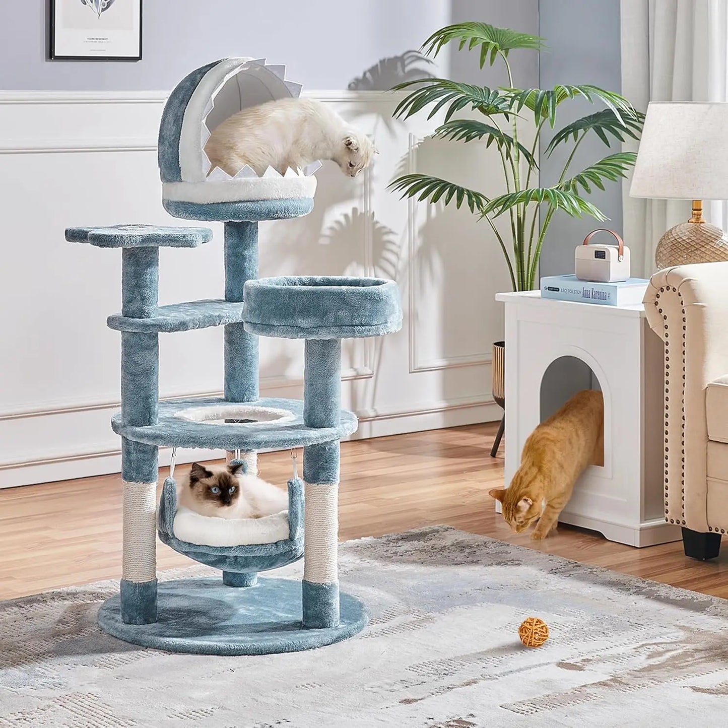 Ocean-Themed Cat Tree With Shark Nest And Jellyfish Hammock