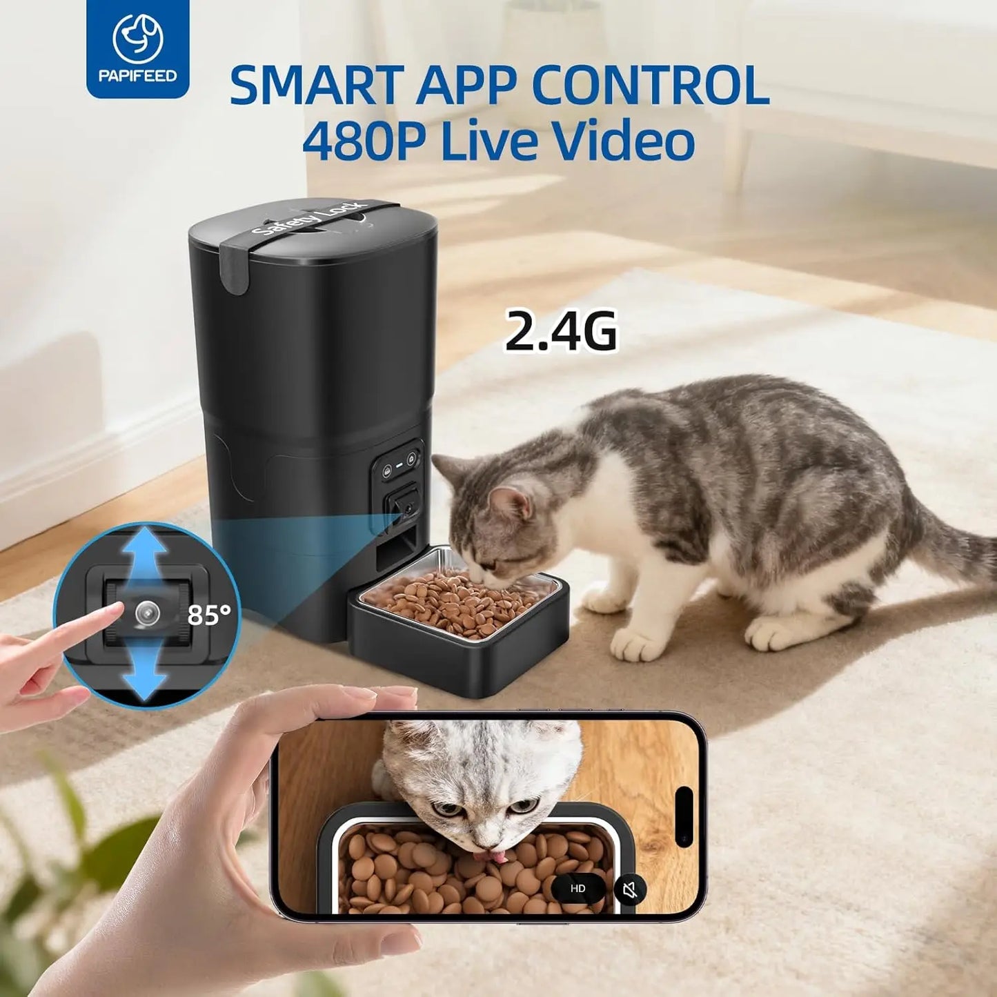 Automatic Cat Feeder With Camera And WiFi Adjustable Angle Easy Clean