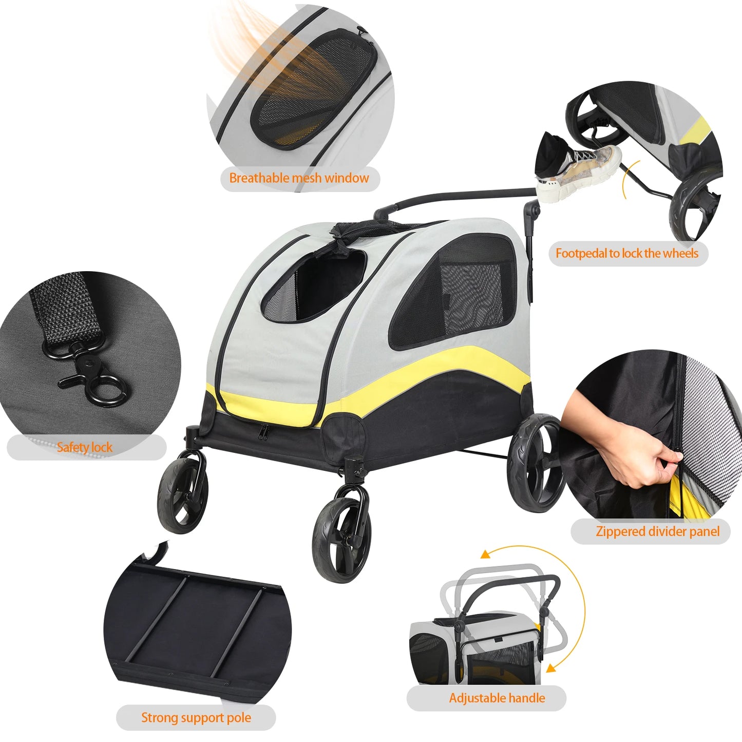 Two-Dog Pet Stroller With Zipper Divider And Folding Wheels