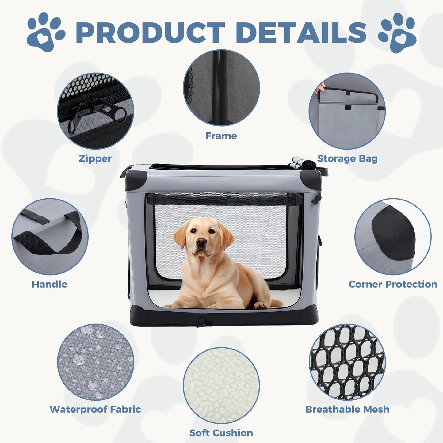 JHK Foldable Soft Dog Crate With 3 Doors Indoor Use