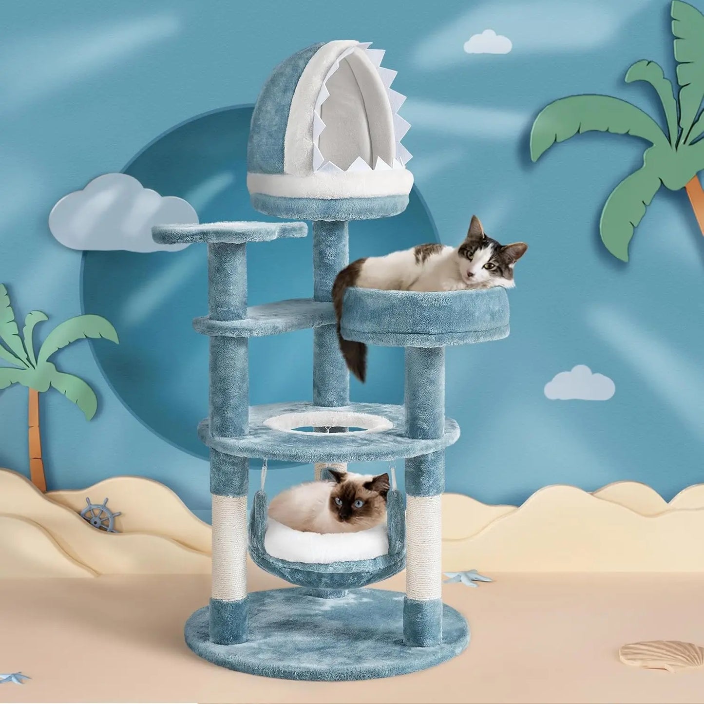 Ocean-Themed Cat Tree With Shark Nest And Jellyfish Hammock