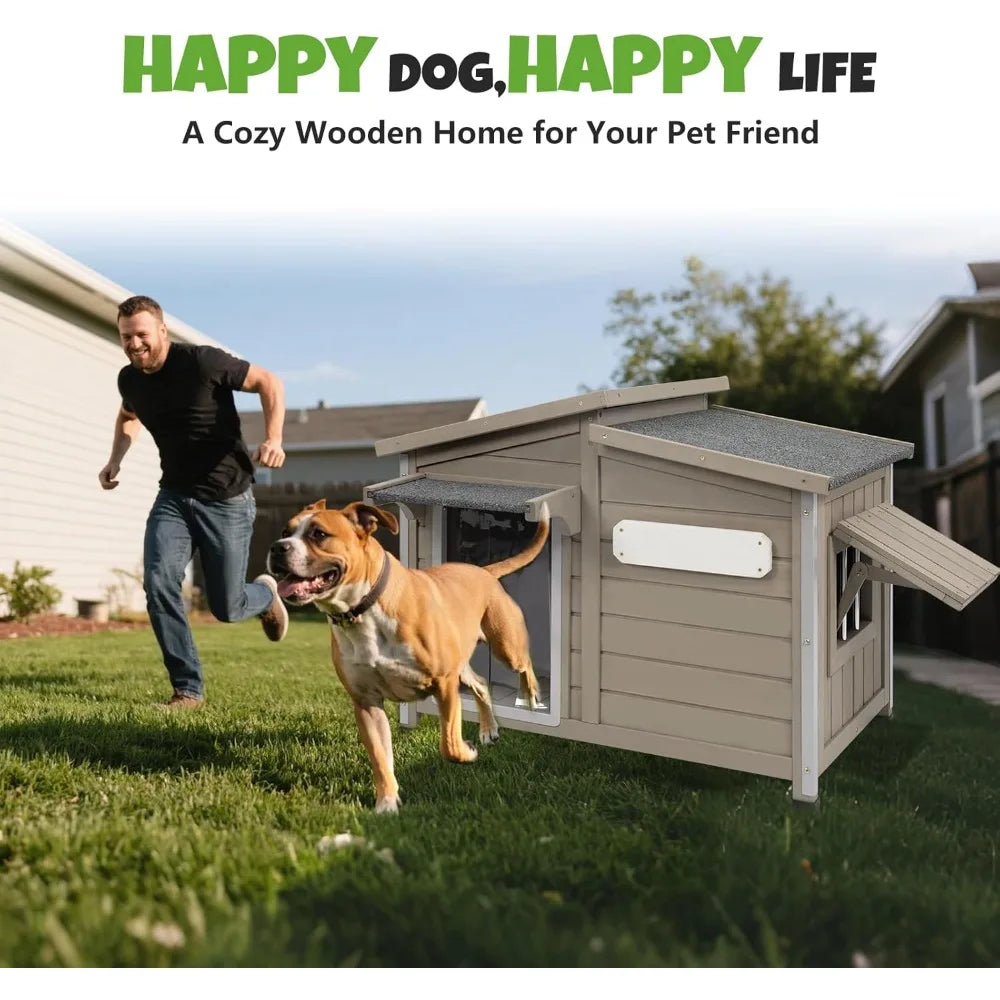 Outdoor Wooden Dog House Weatherproof Fir Wood Construction
