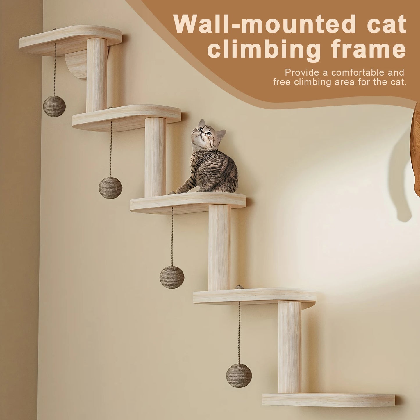 Wall Mounted Wooden Cat Climbing Frame With Five Tier Shelves