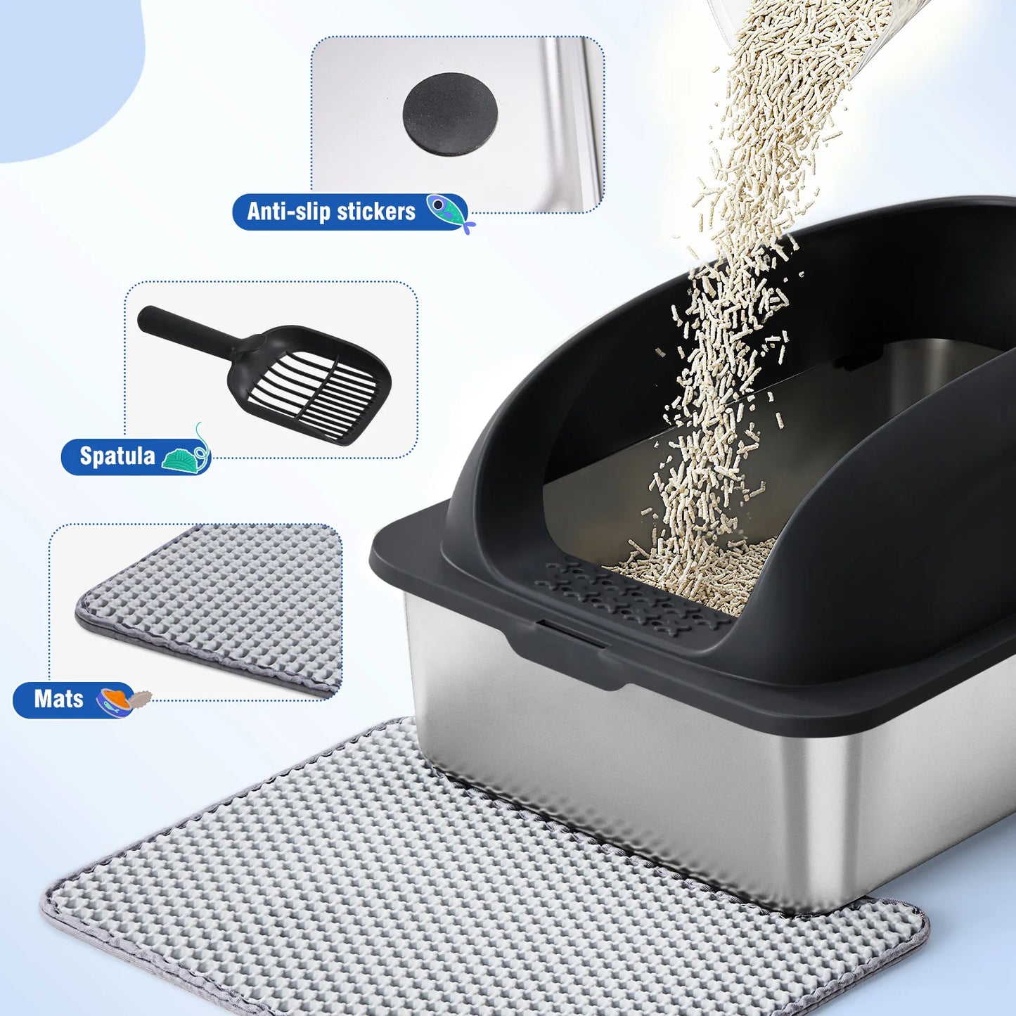 Stainless Steel Cat Litter Box With Lid Mat AntiUrine Leakage