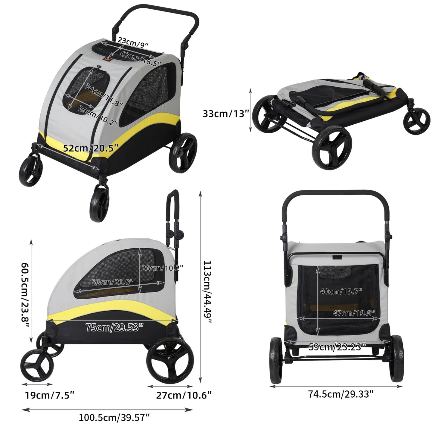 Two-Dog Pet Stroller With Zipper Divider And Folding Wheels