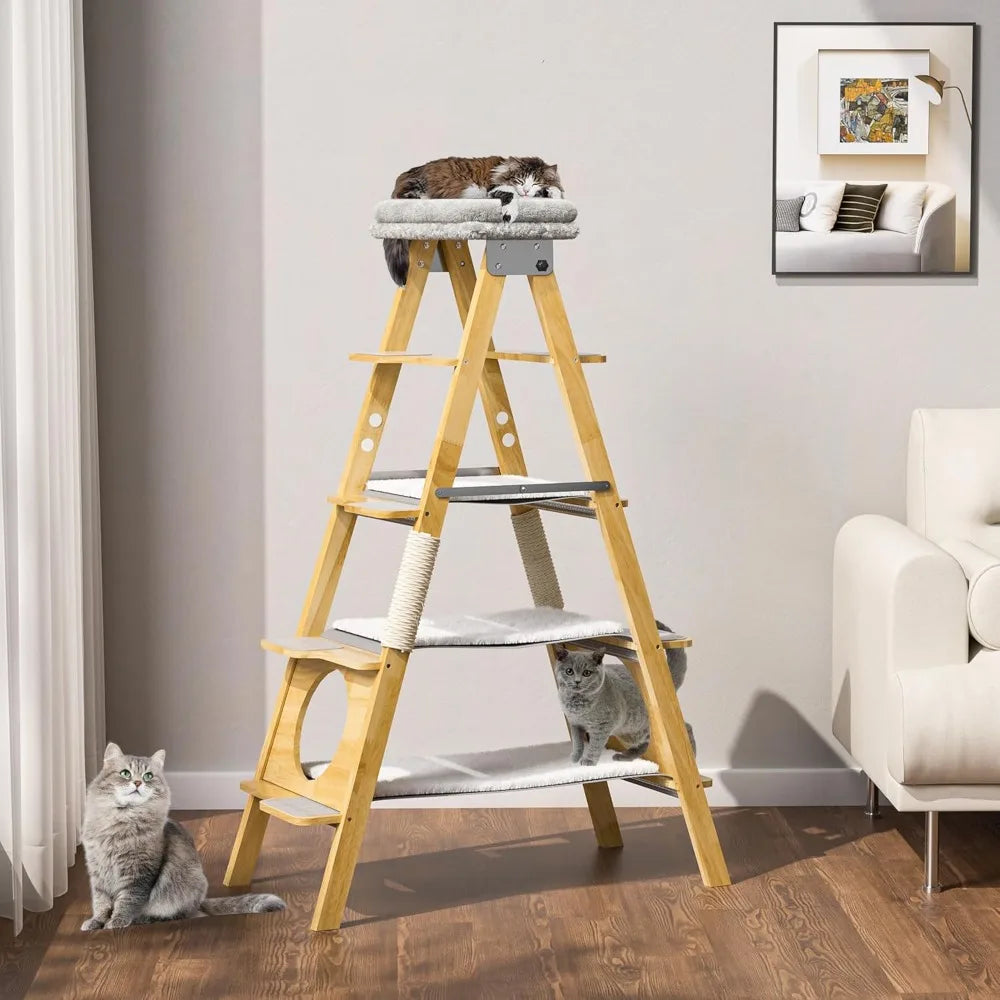 Wooden Cat Tree With Foldable Design Hammock And Sisal Scratch Post