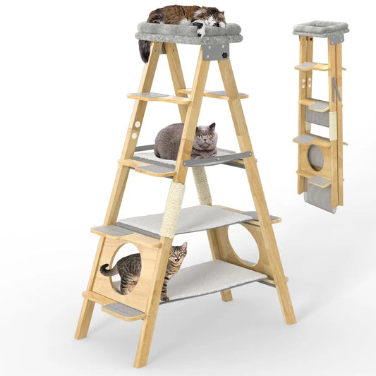 Wooden Cat Tree With Foldable Design Hammock And Sisal Scratch Post