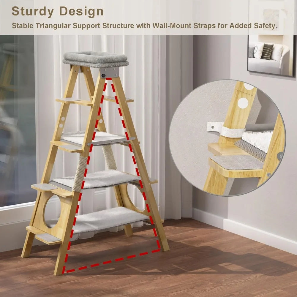 Wooden Cat Tree With Foldable Design Hammock And Sisal Scratch Post
