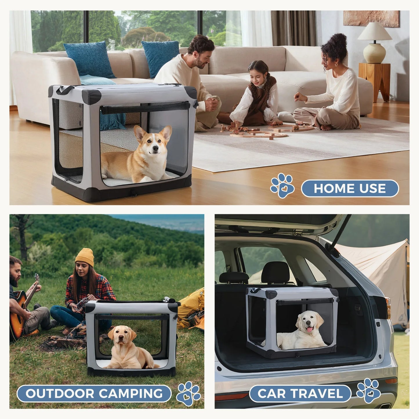 JHK Foldable Soft Dog Crate With 3 Doors Indoor Use