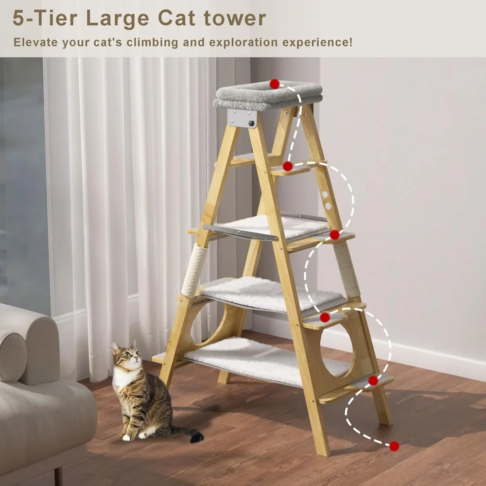 Wooden Cat Tree With Foldable Design Hammock And Sisal Scratch Post
