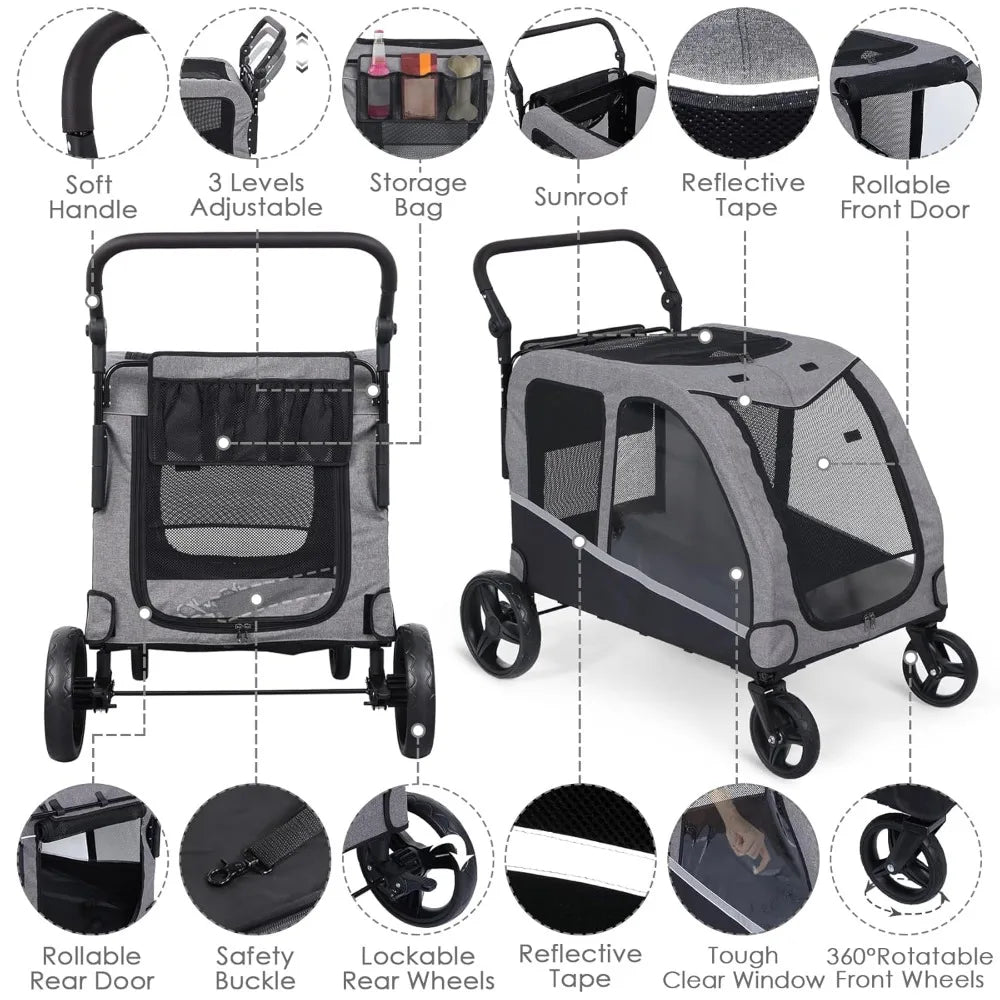 Large Dog Stroller For Two Dogs Foldable With Adjustable Handle