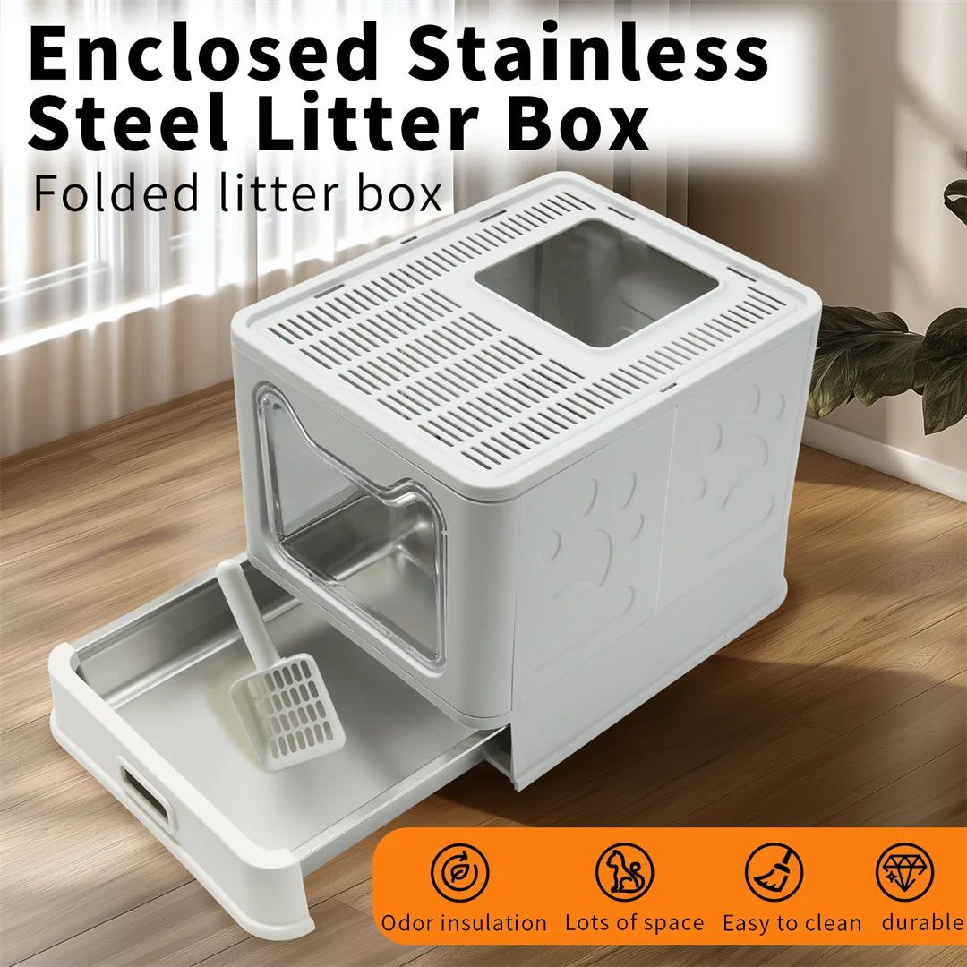 Enclosed Cat Litter Box With Front Entry Stainless Pan