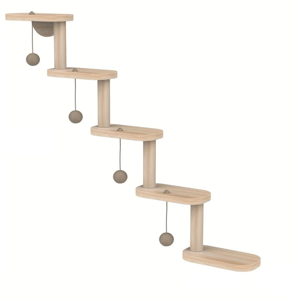 Wall Mounted Wooden Cat Climbing Frame With Five Tier Shelves