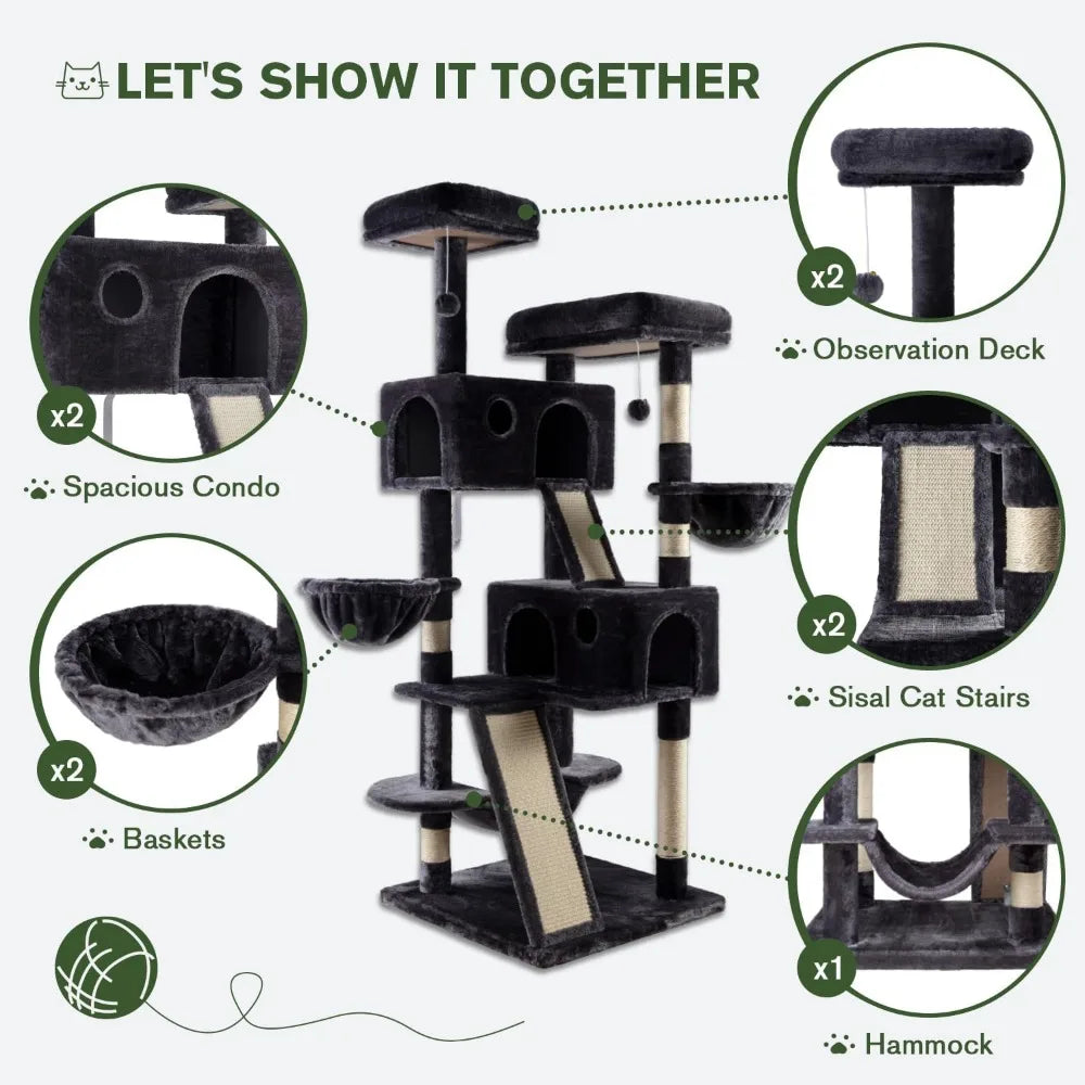 DAFIFY Three Tier Cat Tree Tower With Plush Perches Condo Hammock And Sisal Scratching Posts