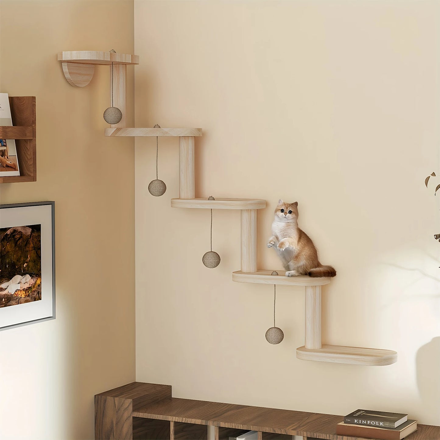 Wall Mounted Wooden Cat Climbing Frame With Five Tier Shelves
