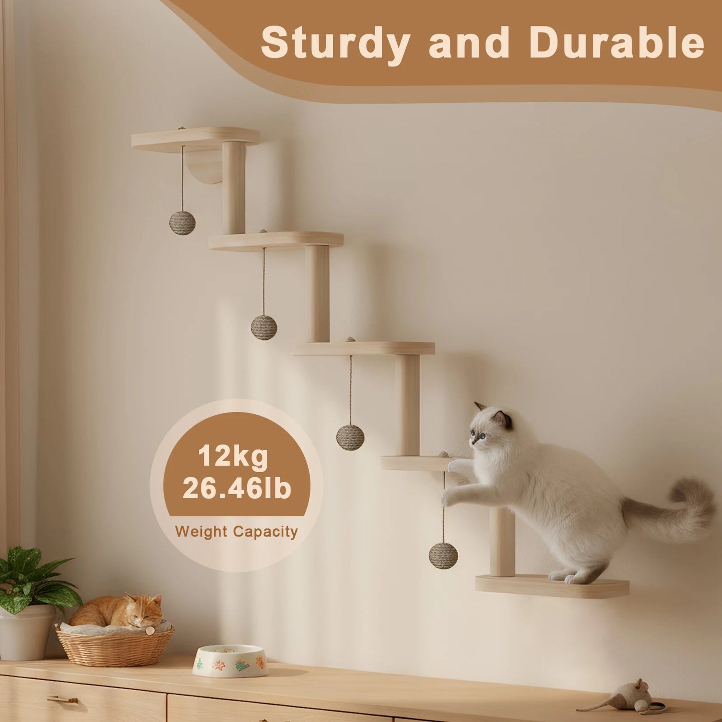 Wall Mounted Wooden Cat Climbing Frame With Five Tier Shelves