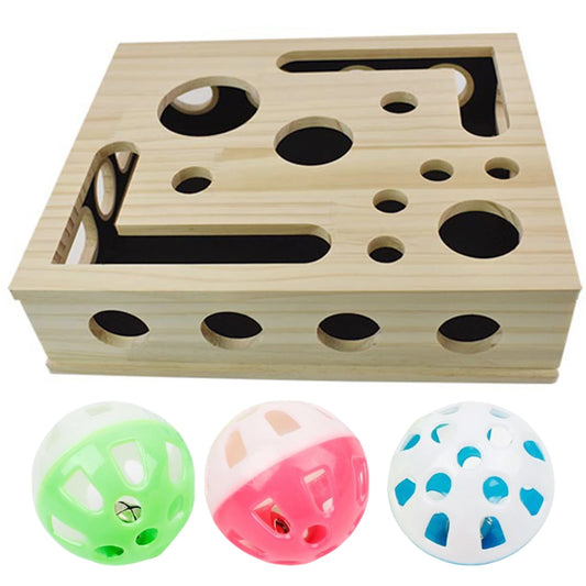 Interactive Wooden Cat Puzzle Toy with 3 Balls Cat Scratch Puzzle Enrichment Box for Kitten